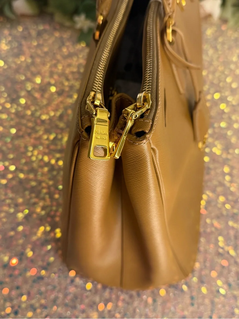 Authentic Prada Saffiano Lux XL Double Zip Executive Tote in Caramel - EUC